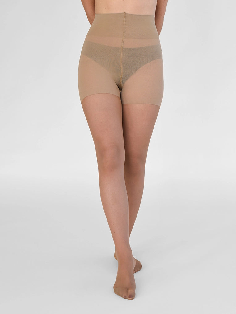 Beige shapewear tights being worn on a white background