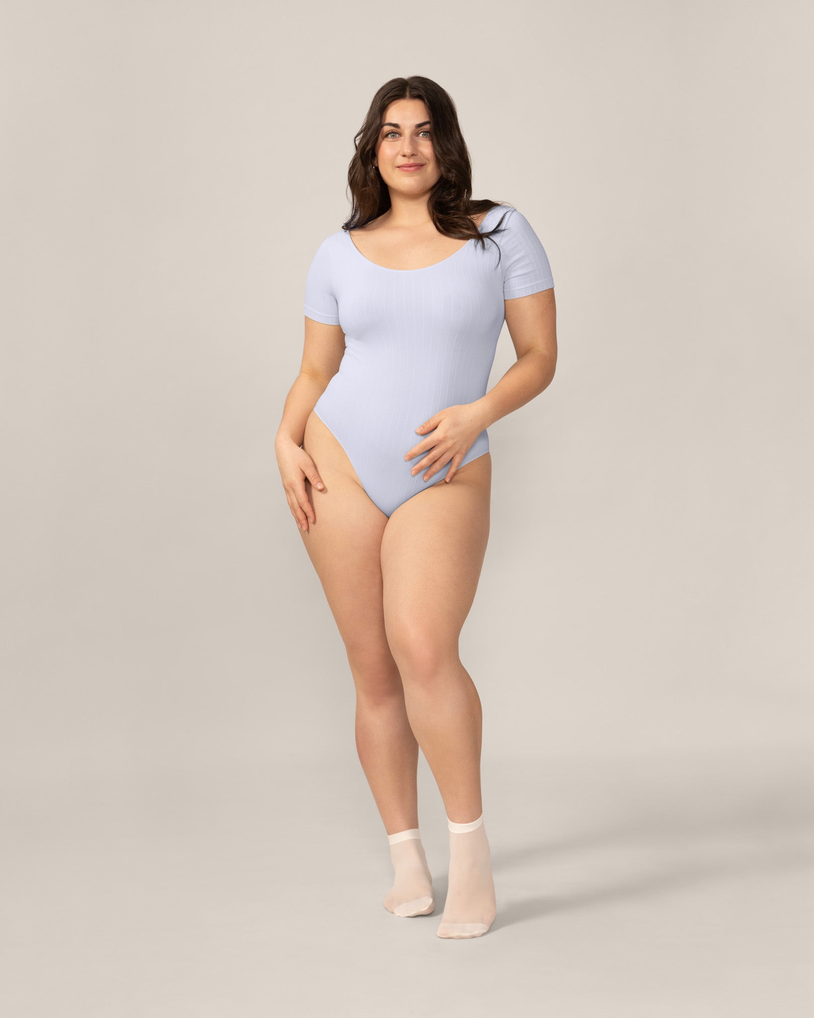 Seamless Wide Rib T-Bodysuit in Pastel Blue