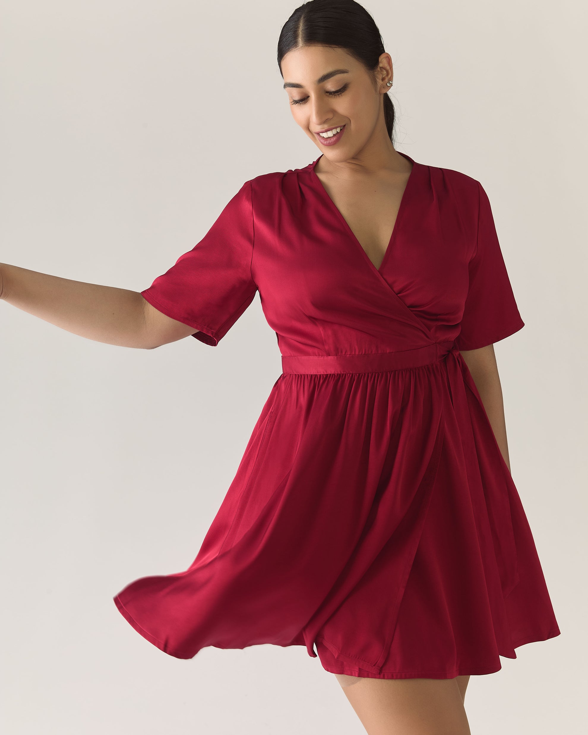 Wrap Satin Dress in Pomegranate Red