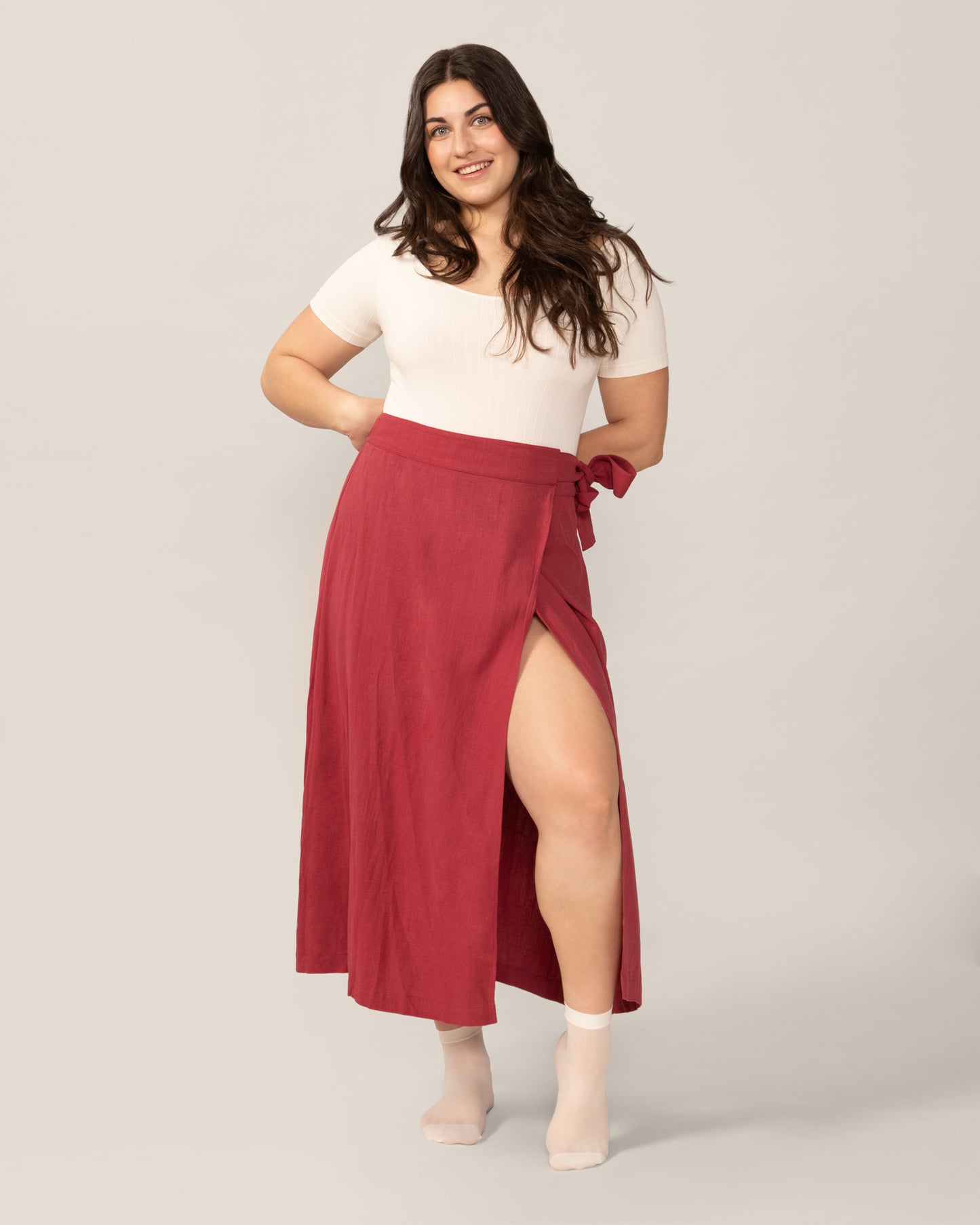 Wide Bow Maxi Wrap Linen Skirt in Hibiscus