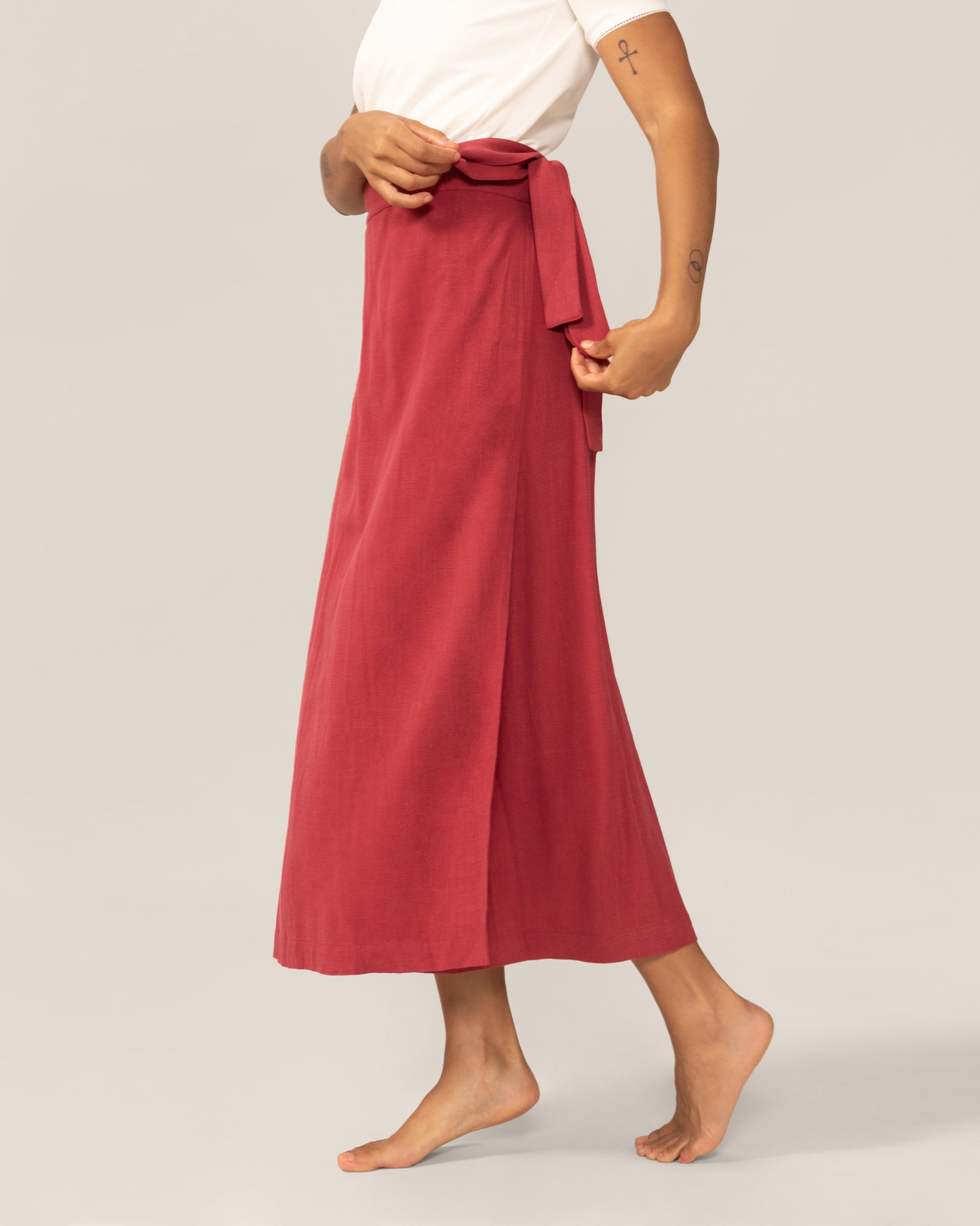 Wide Bow Maxi Wrap Linen Skirt in Hibiscus