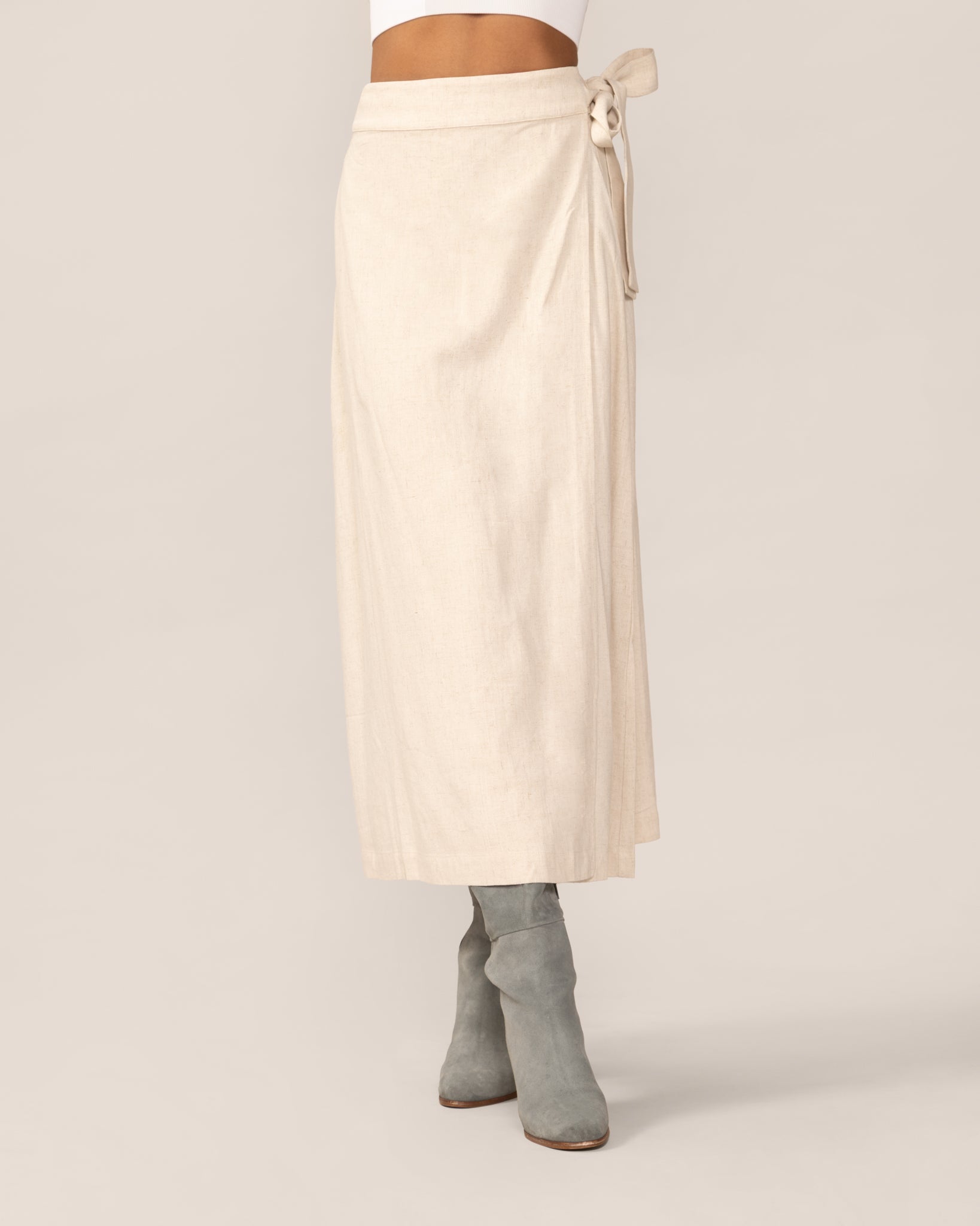 Wide Bow Maxi Wrap Linen Skirt in Natural