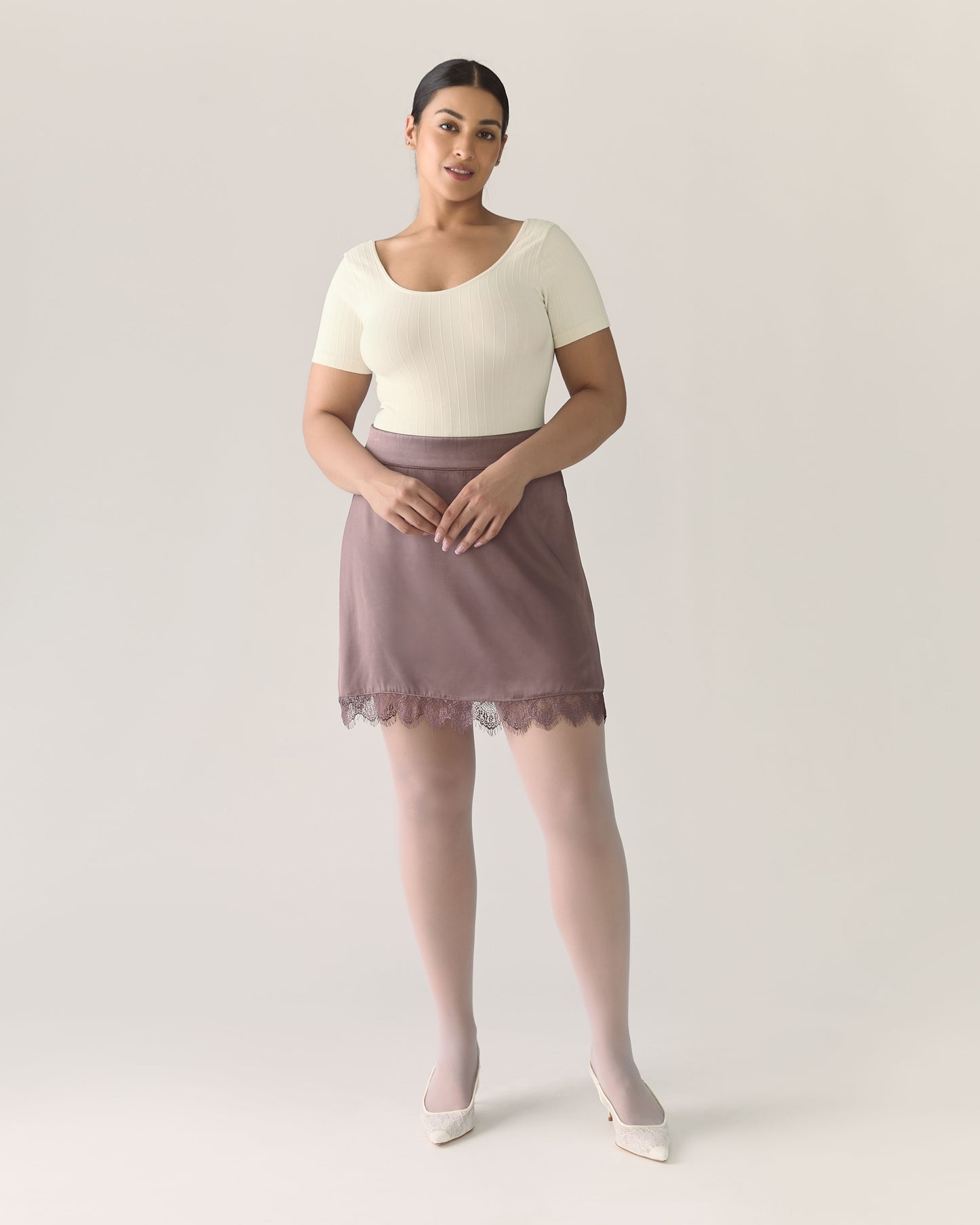 Lace Trim Satin Skirt in Deep Taupe