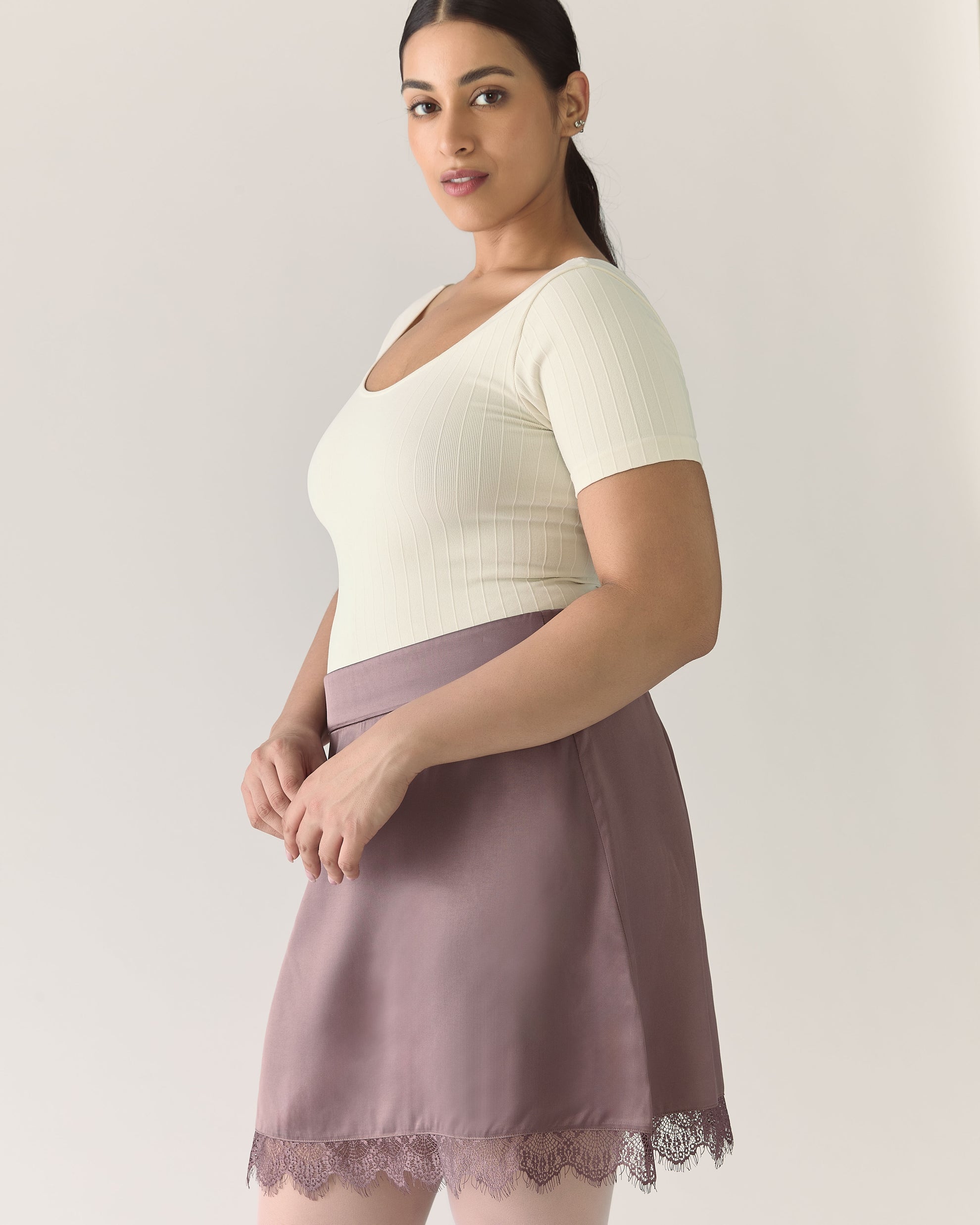 Lace Trim Satin Skirt in Deep Taupe