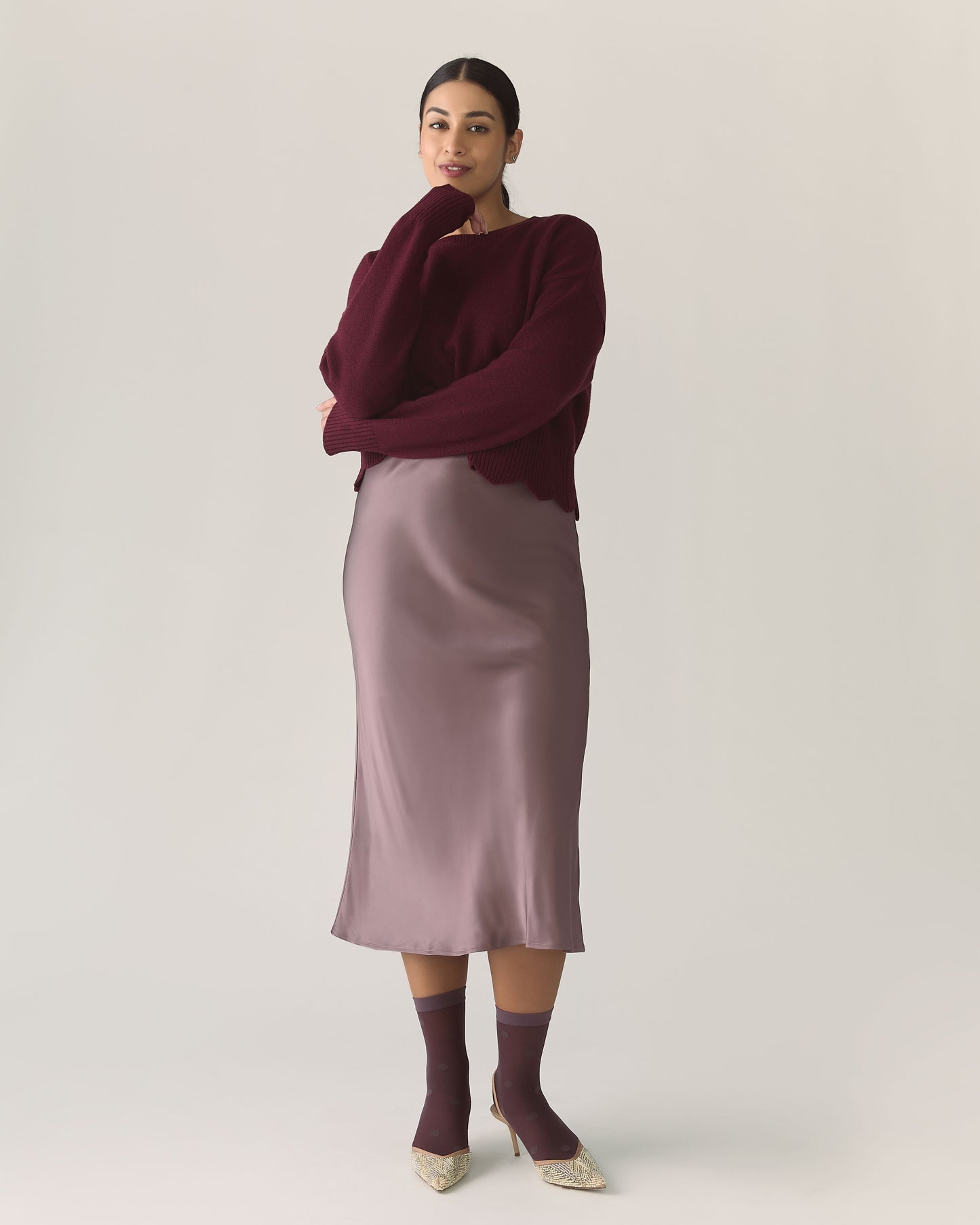 Midi Satin Skirt in Deep Taupe
