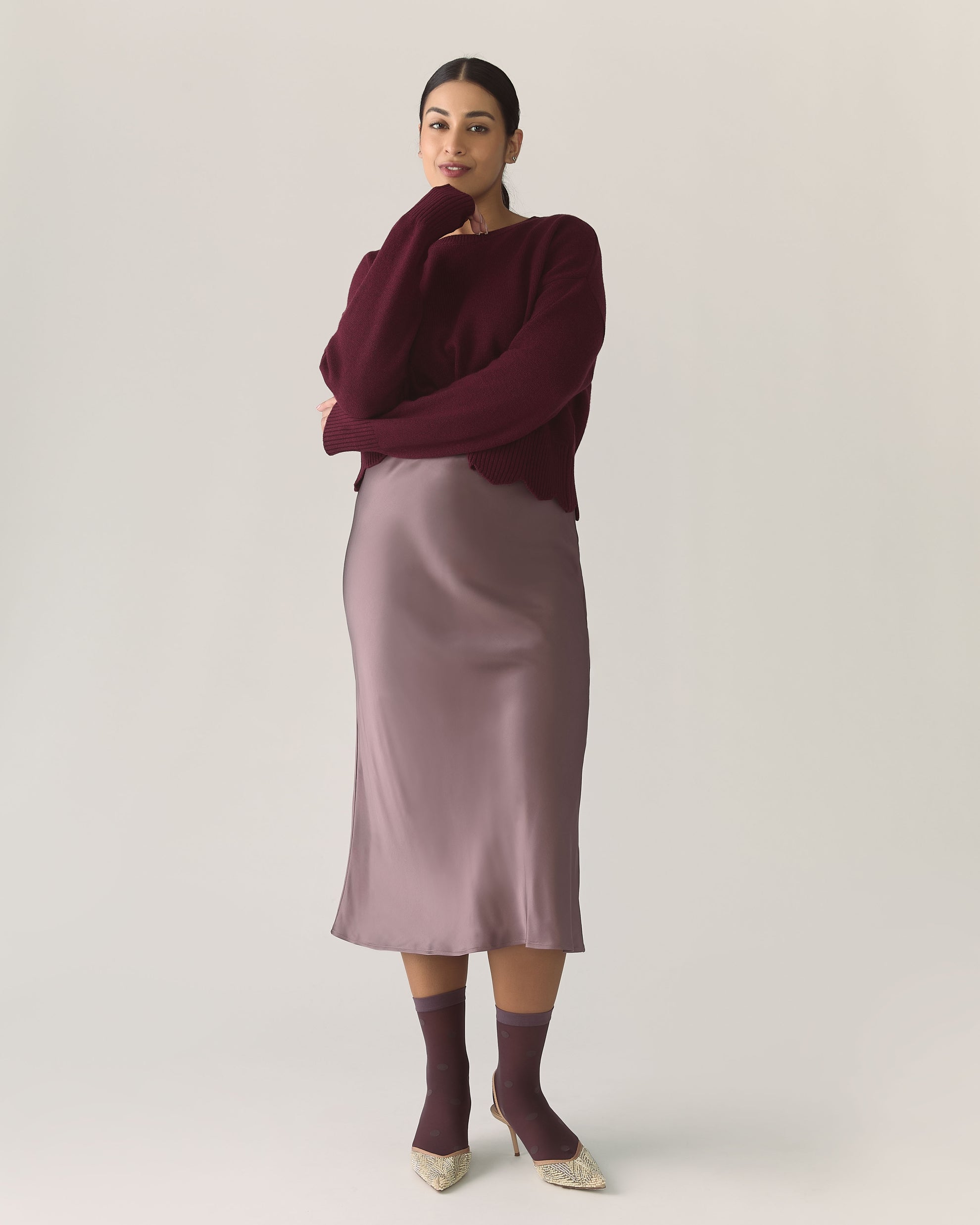 Midi Satin Skirt in Deep Taupe