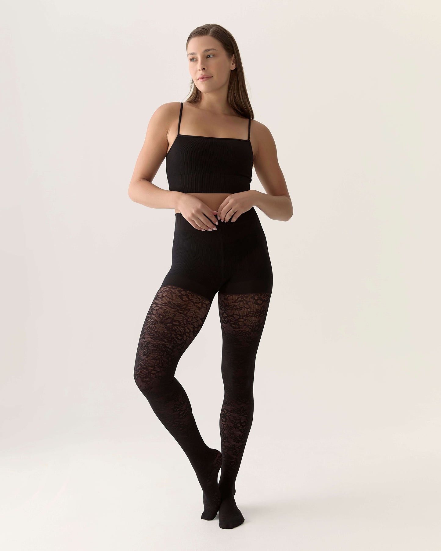 Floral Lace Contour Shaping Tights in Black