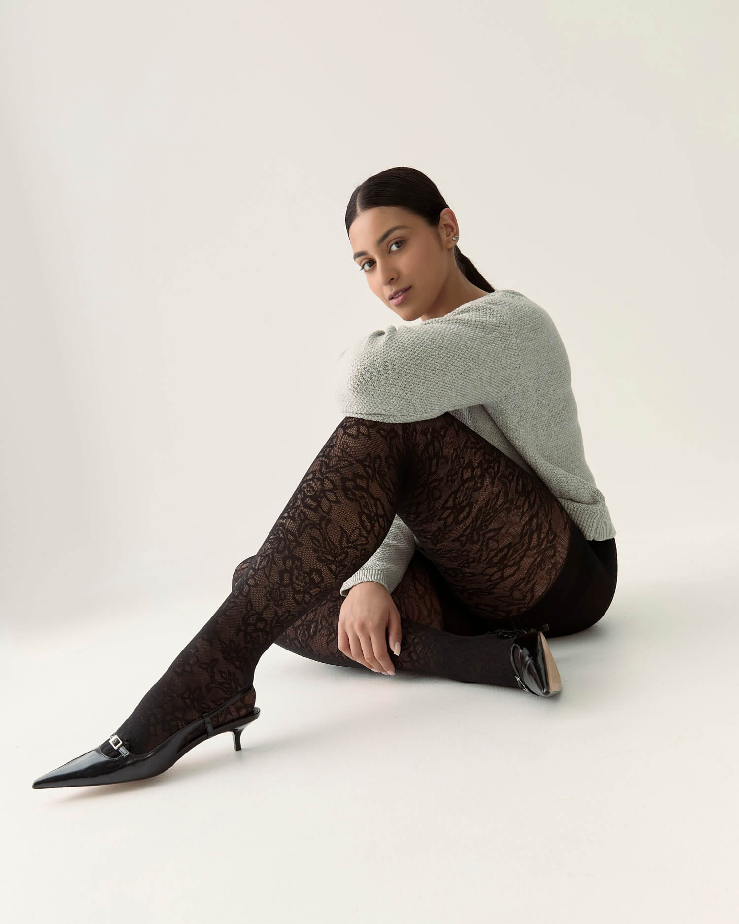 Floral Lace Contour Shaping Tights in Black