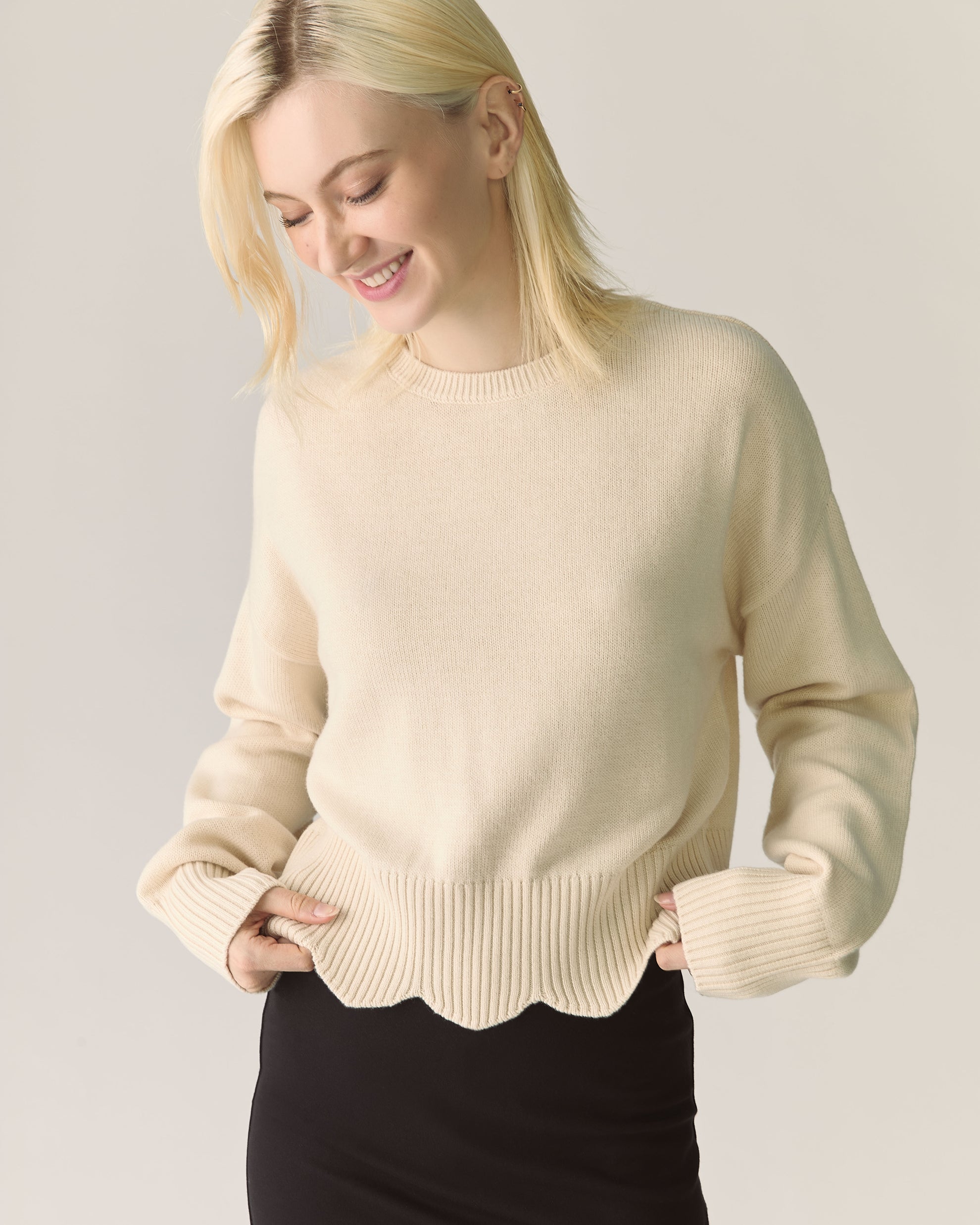 Scalloped Responsible Merino Sweater in Whipped cream