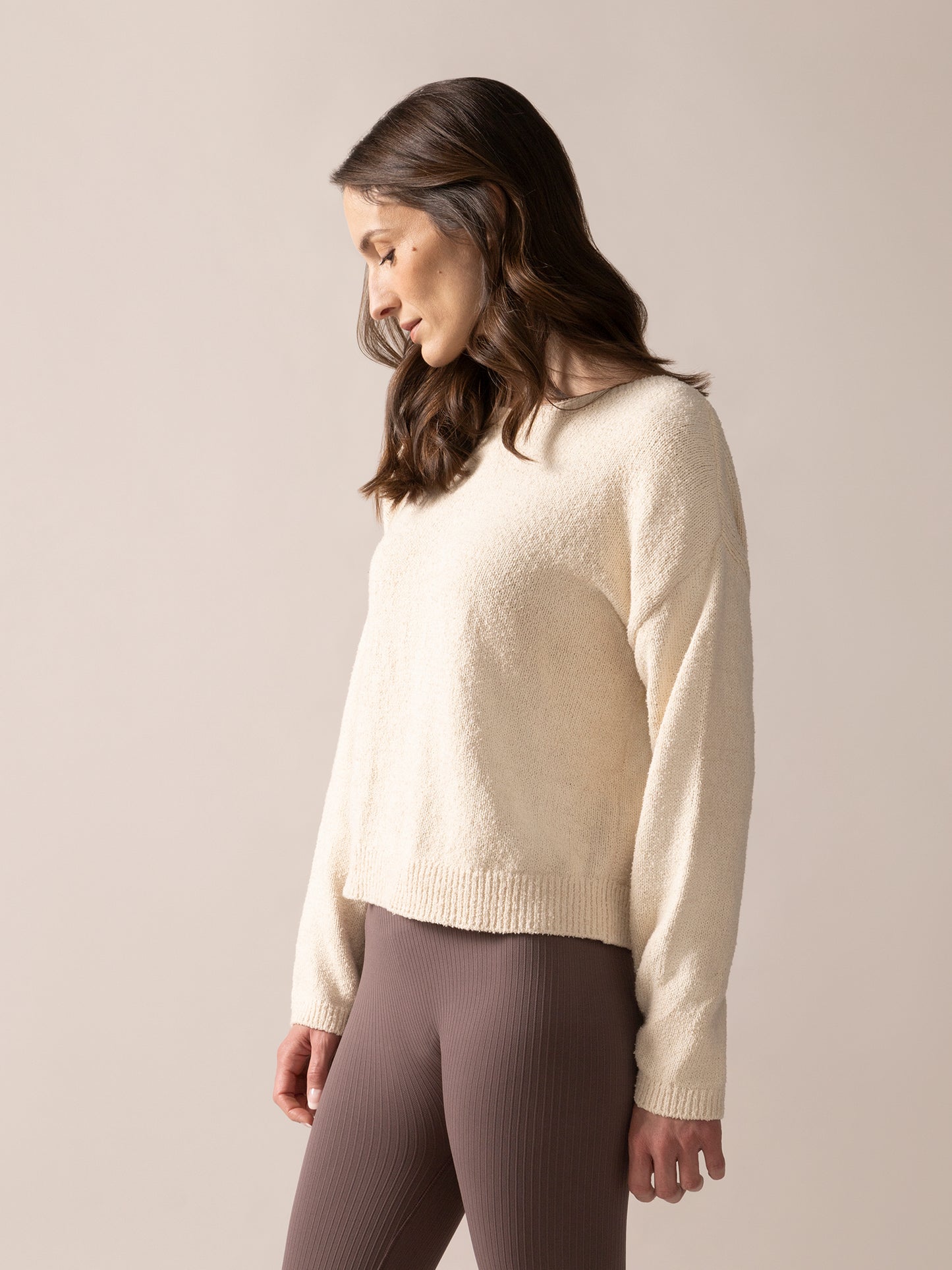 Bow-Back Bouclé Knit Sweater in Almond