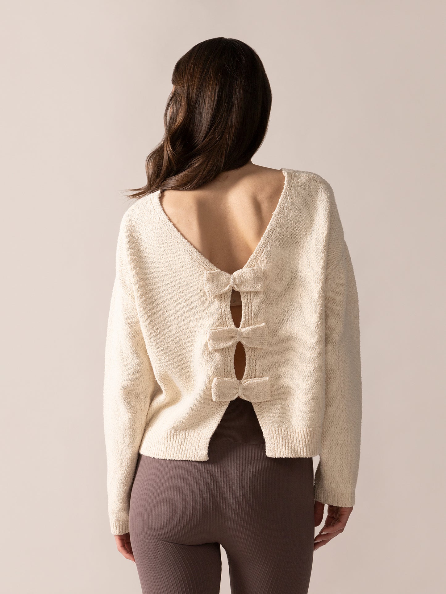 Bow-Back Bouclé Knit Sweater in Almond