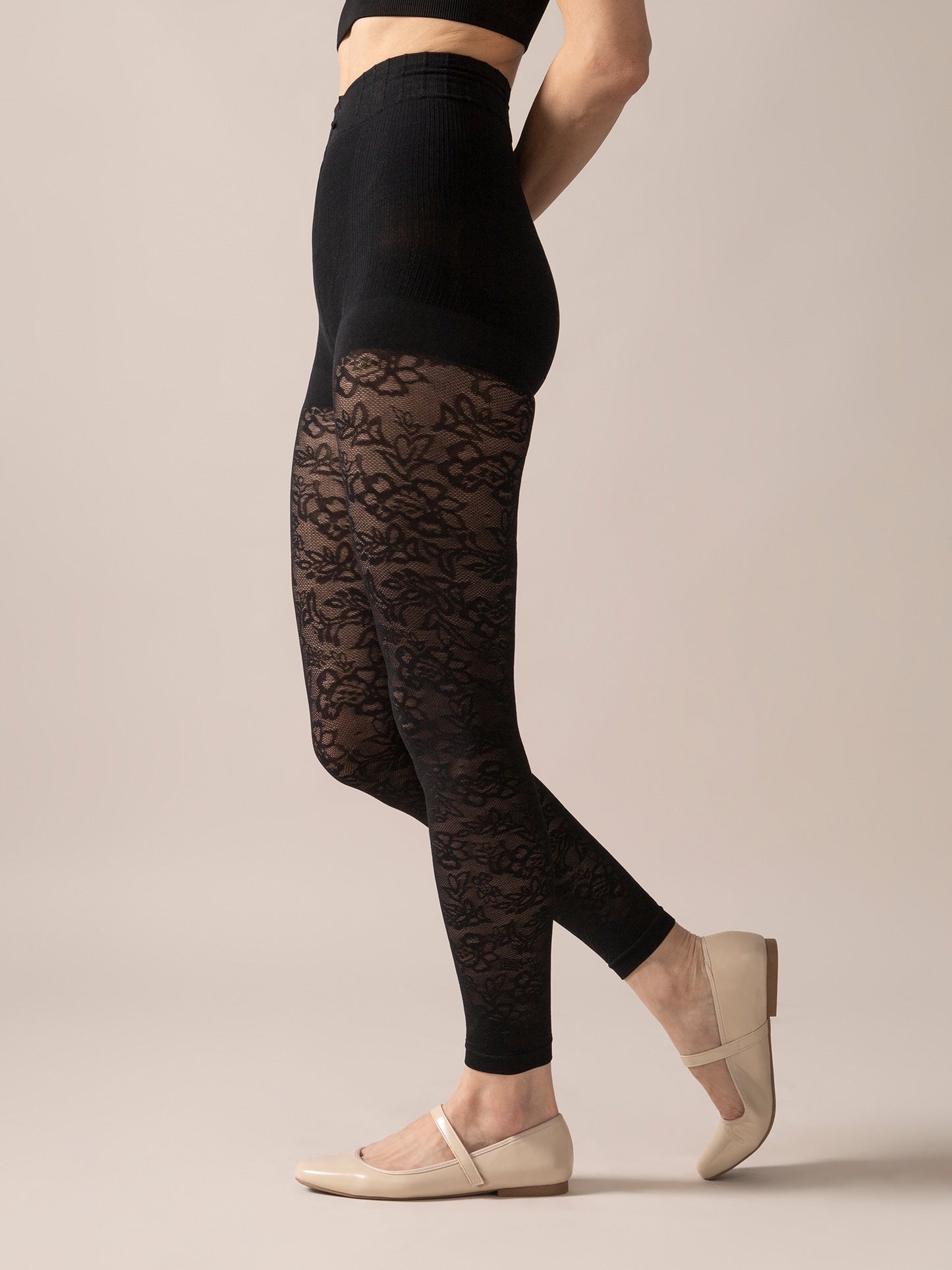 Floral Lace Contour Shaping Footless Tights in Black