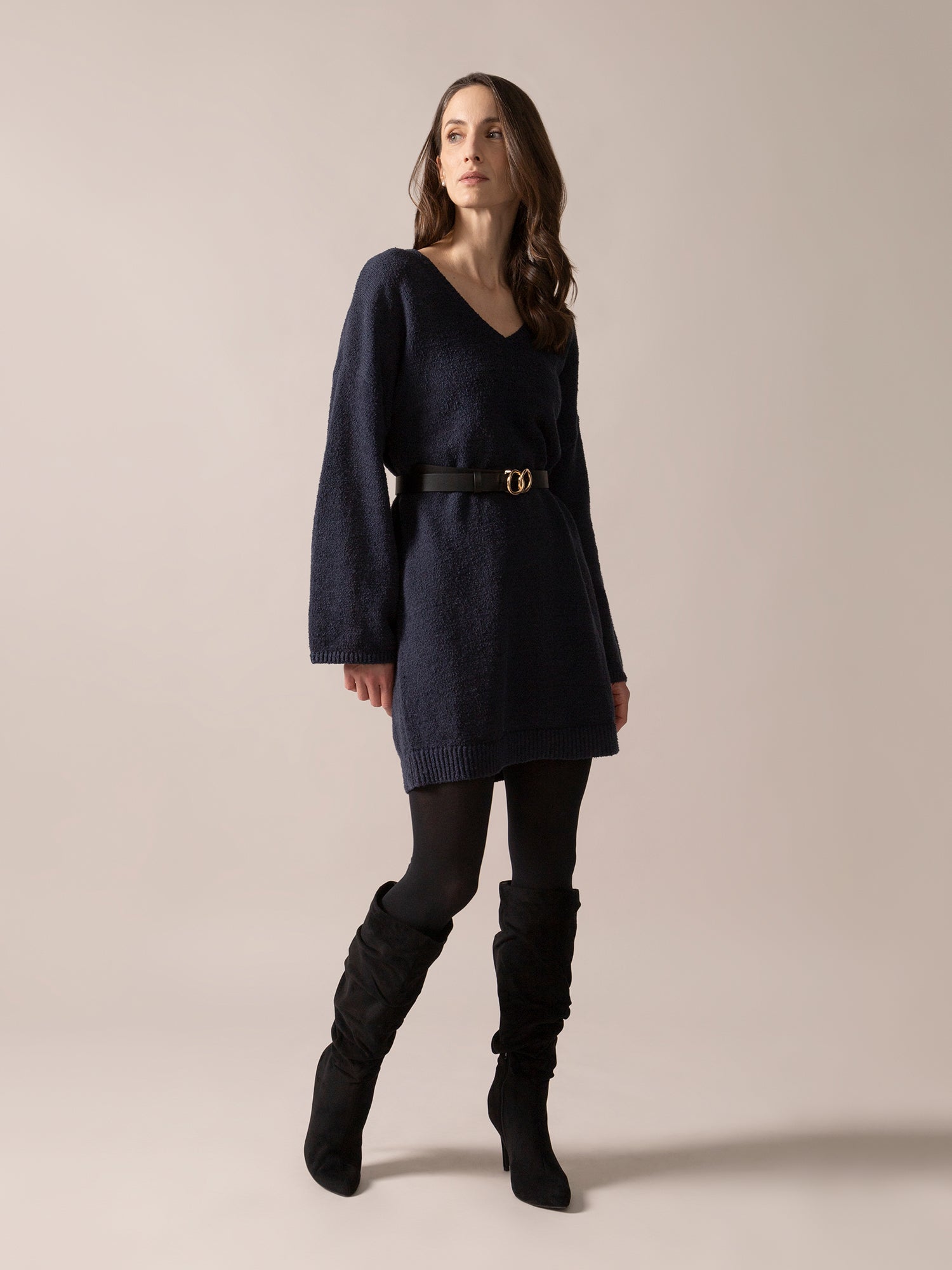 Bouclé Knit Long Sweater in Midnight Blue
