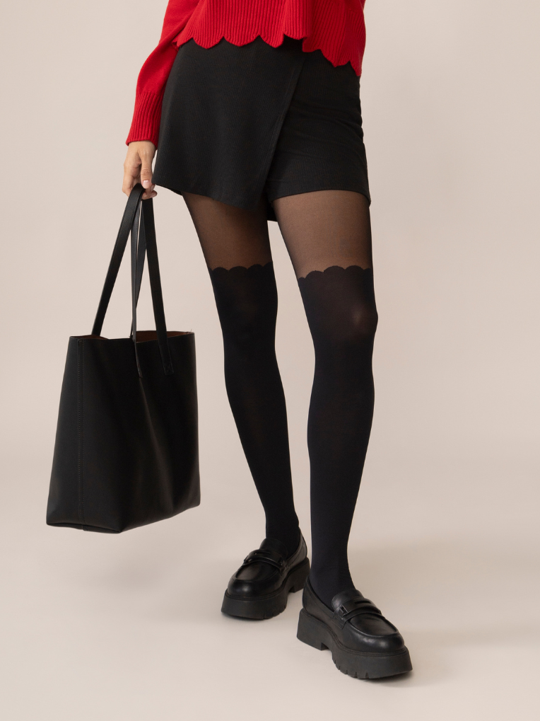Scalloped Over-the-Knee Tights in Black