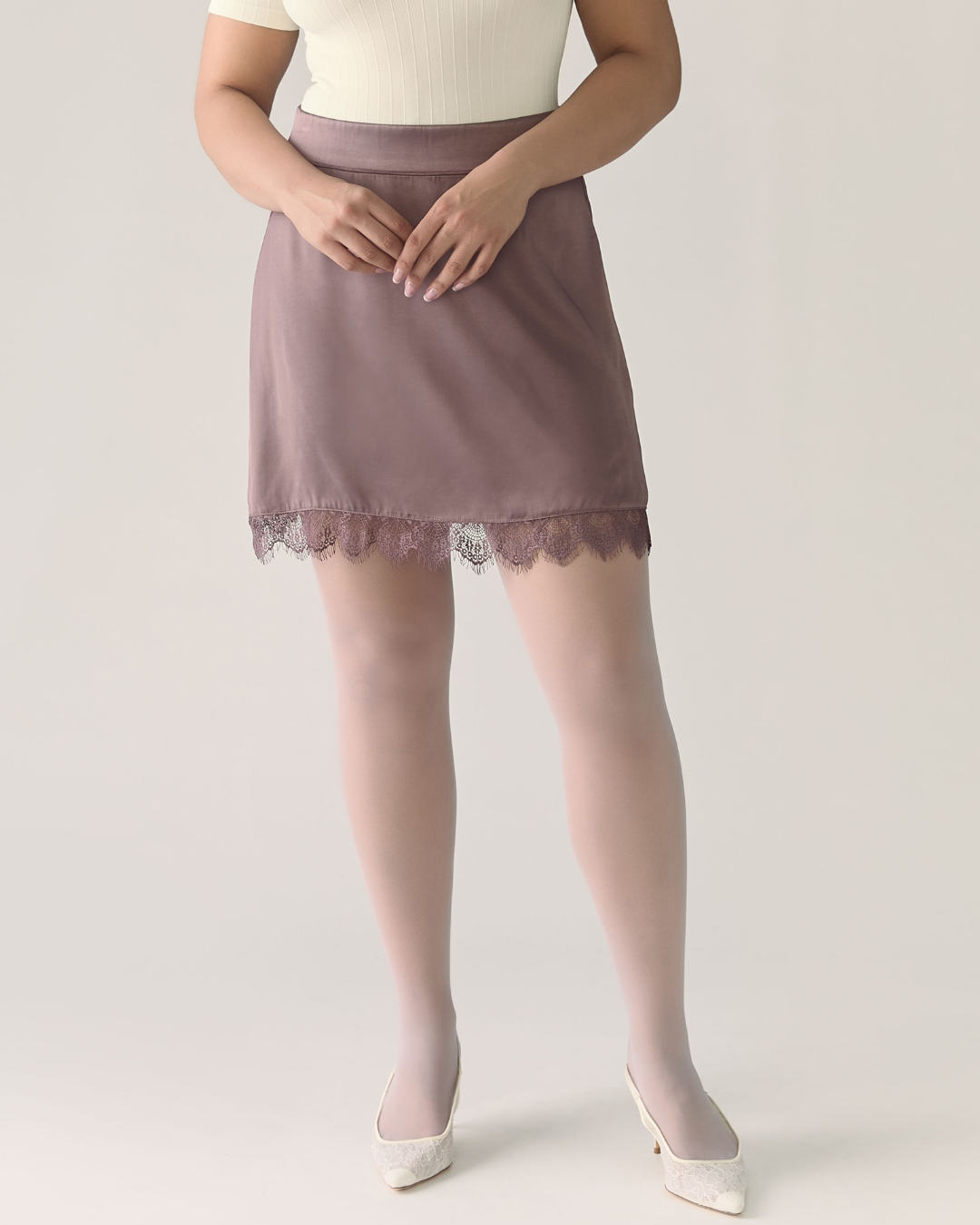 Lace Trim Satin Skirt in Deep Taupe